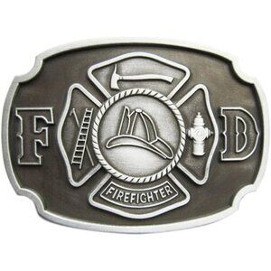 🆕Men's Silver Antique Brushe Metallic Zinc Alloy Firefighter FD Belt Buckle